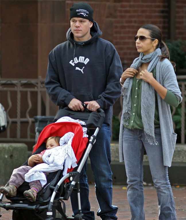 Matt Damon, hoodie sweatshirt, puma sweatshirt, knit hat, jeans